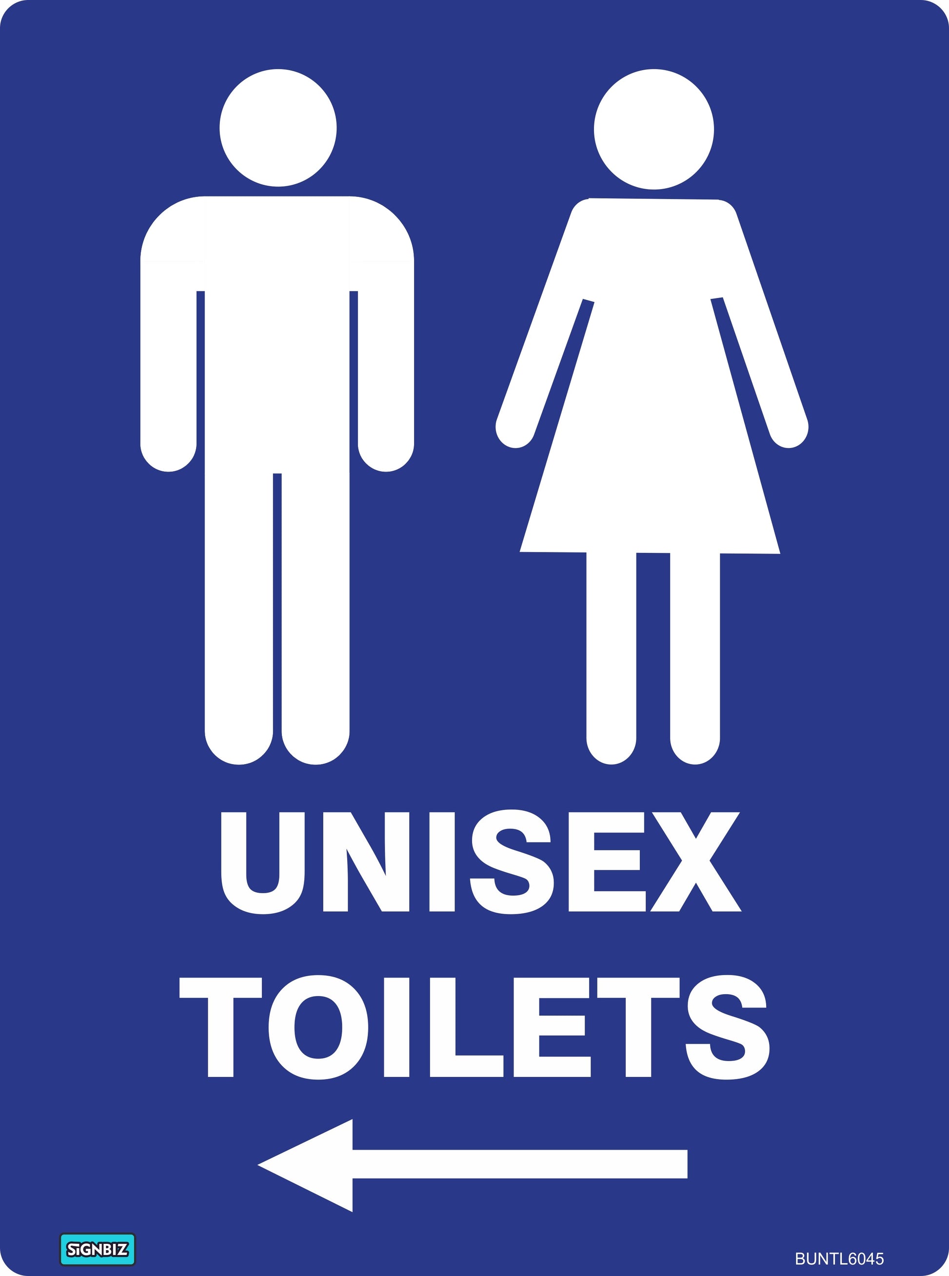 The Bathroom Unisex Toilets Left sign features a blue AS/NZS1319 design with white icons for men and women, bold “UNISEX TOILETS” text, and a left-pointing arrow—perfect for workplace safety signage.