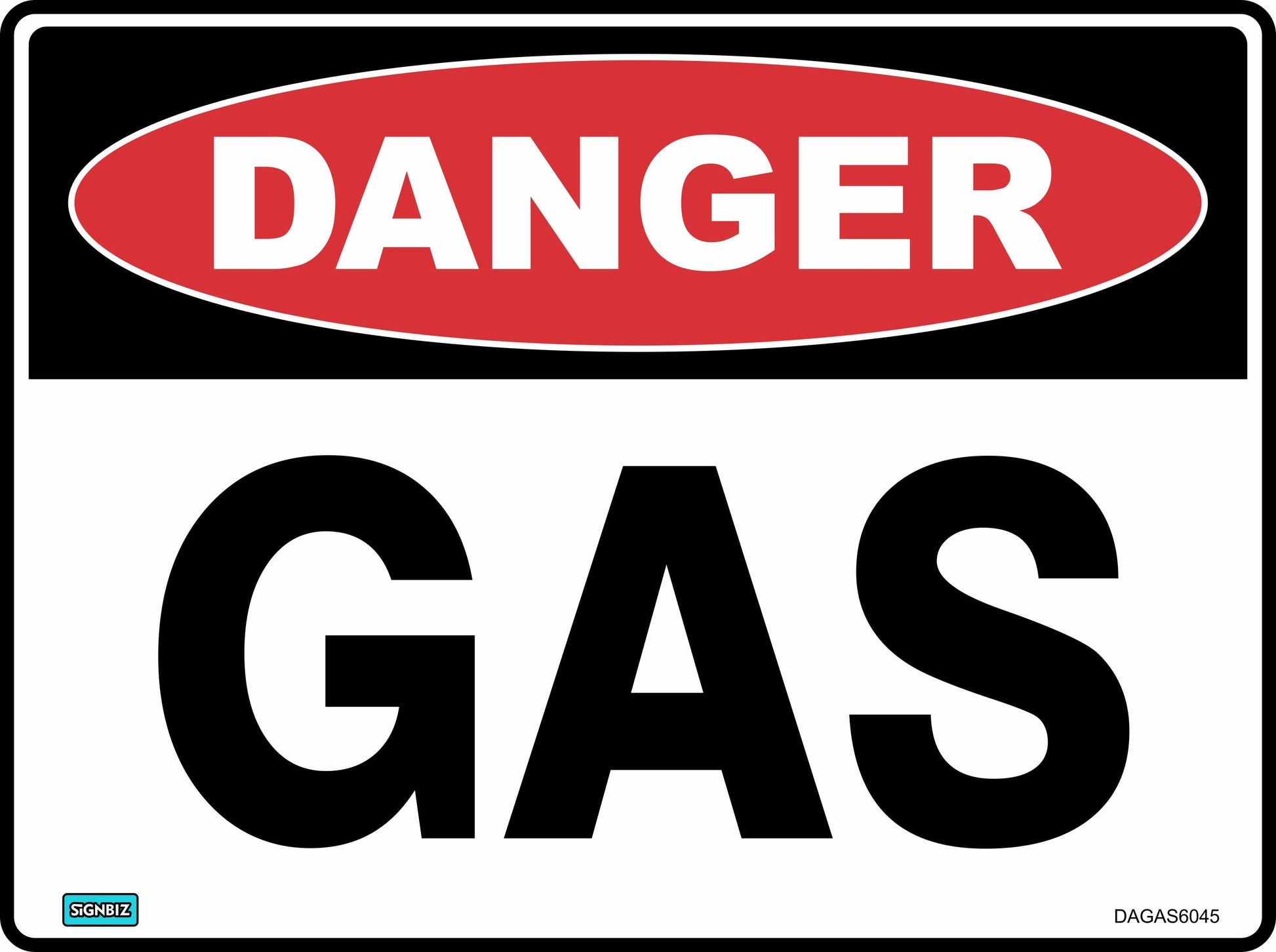 The "Danger Gas" rectangular safety sign displays "DANGER" in white on a red oval above bold black "GAS" on white, with branding and code details at the corners, clearly conveying an essential hazard warning.