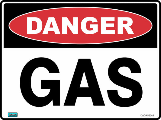 The "Danger Gas" rectangular safety sign displays "DANGER" in white on a red oval above bold black "GAS" on white, with branding and code details at the corners, clearly conveying an essential hazard warning.