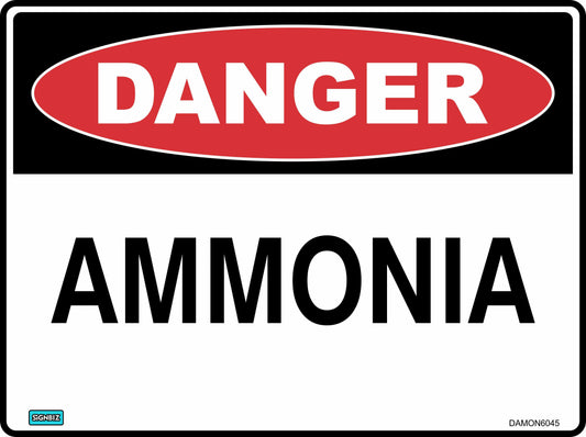 The Danger Ammonia safety sign displays “DANGER” in white on a red oval above “AMMONIA” in bold black letters, all set on a white background.