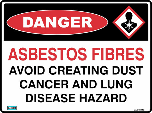 The Danger Asbestos Fibres Avoid Creating Dust sign warns: "DANGER ASBESTOS FIBRES. AVOID CREATING DUST. CANCER AND LUNG DISEASE HAZARD." It meets AS/NZ 1319-1994 standards and features a hazard symbol with a star on the chest.