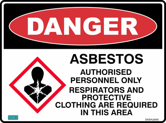 The Danger Asbestos Respirators And PPE Must Be Worn sign warns of asbestos hazards. Only authorized personnel are allowed, and respirators plus protective clothing are required. The respiratory hazard symbol reinforces strict safety protocols.
