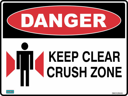 The Danger Keep Clear Crush Zone sign warns of hazardous crush areas with a stick figure and red arrows, displaying "Danger. Keep clear. Crush zone." to alert you to stay away for your safety.
