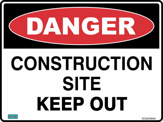 The Danger Cons Site Keep Out sign is a rectangular danger sign with "DANGER" in white on a red oval above "CONSTRUCTION SITE KEEP OUT" in bold black on a white background, providing clear safety and hazard warning.