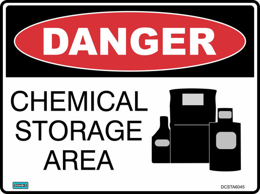 The Danger Chemical Storage Area B&W sign features "DANGER" in white on a red oval above "CHEMICAL STORAGE AREA" in black, with black chemical container silhouettes—perfect for marking hazardous chemical storage areas.