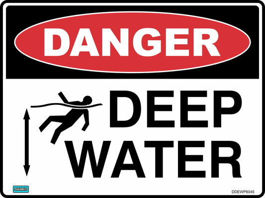 The "Danger Deep Water Picture" features a red "DANGER" label, person-falling icon, and bold "DEEP WATER" text, serving as a hazard warning to promote safety near deep water zones.