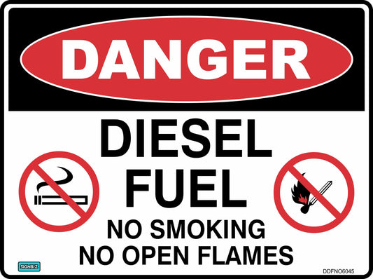The Danger Diesel Fuel No Smok No Flames sign displays "DANGER" in white on red and warns with text and symbols against smoking or open flames. Ideal for enforcing strict safety in hazardous diesel fuel areas.