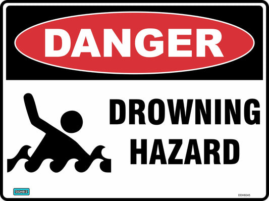 The Danger Drowning Hazard Picture displays a red "DANGER" label, an icon of a person in water with one arm raised, and bold black "DROWNING HAZARD" text to emphasize essential safety for water zones.