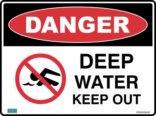 The "Danger Deep Water No Swimming" sign features "DANGER" in a red oval above "DEEP WATER KEEP OUT" with a crossed-out swimmer icon, clearly warning of hazardous conditions and prohibiting entry for your safety.