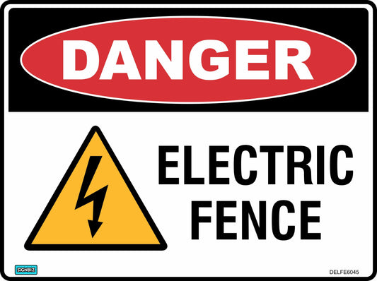 The Danger Electric Fence sign features “DANGER” in white on a red oval, a yellow triangle with a black lightning bolt, and “ELECTRIC FENCE” in bold black—perfect for marking electrified barriers and ensuring safety.