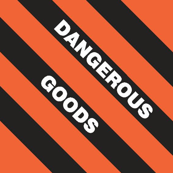 An orange background with diagonal black stripes features the product name “DANGEROUS GOODS” in bold white letters across the center.