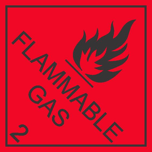 The DANGEROUS GOODS FLAMMABLE GAS 2 sign is red and diamond-shaped, featuring a black flame icon, bold "FLAMMABLE GAS" text, and the number 2 in the lower left corner.