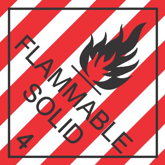 The FLAMMABLE SOLID CL4 DIAMOND label features red and white diagonal stripes, a black flame symbol, "FLAMMABLE SOLID" text, and the number 4 in the bottom left corner.