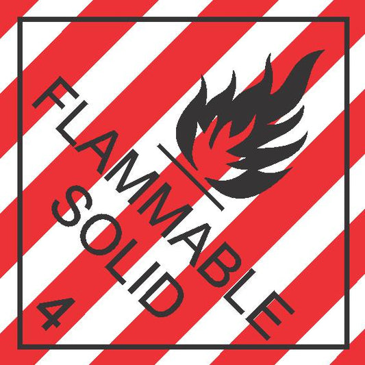 The FLAMMABLE SOLID CL4 DIAMOND label features red and white diagonal stripes, a black flame symbol, "FLAMMABLE SOLID" text, and the number 4 in the bottom left corner.