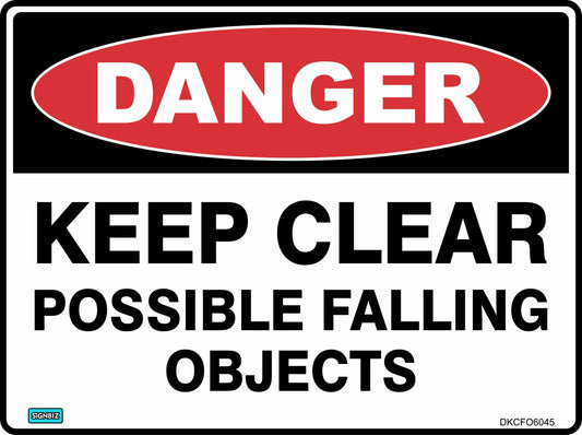 The "Danger Keep Clear Poss Falling Obj" sign meets AS/NZ 1319-1994 standards with a red "DANGER" oval, black "KEEP CLEAR POSSIBLE FALLING OBJECTS" text on white. Ideal for hazardous areas to warn of falling objects.