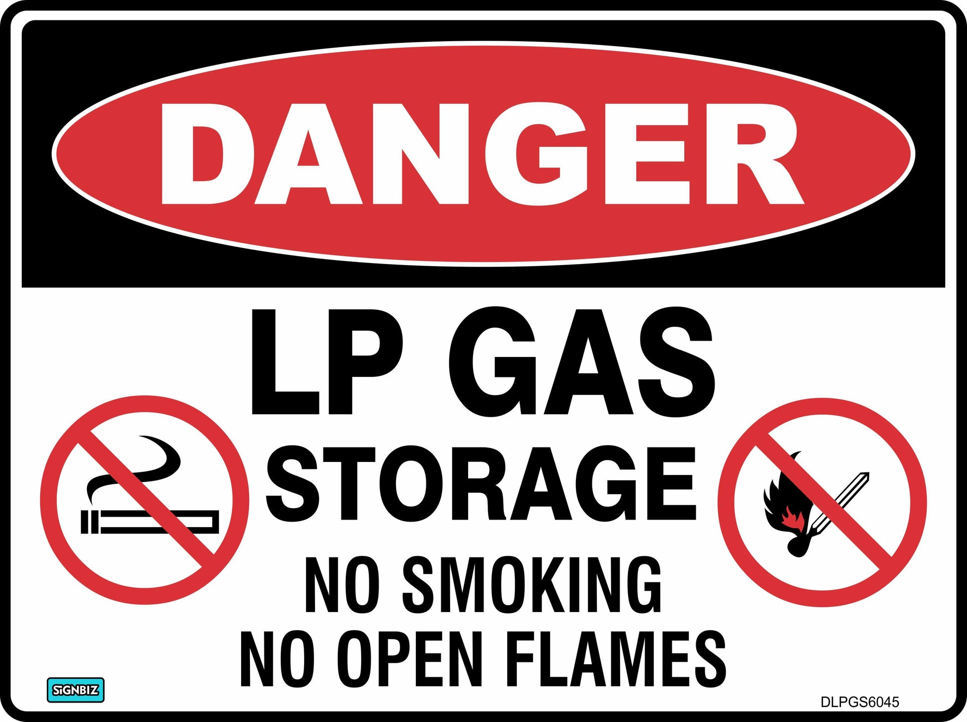 The Danger Lpg Stg No Smoking sign features "DANGER" in a red oval and reads "LP GAS STORAGE, NO SMOKING, NO OPEN FLAMES," with icons indicating no smoking or open flames allowed.