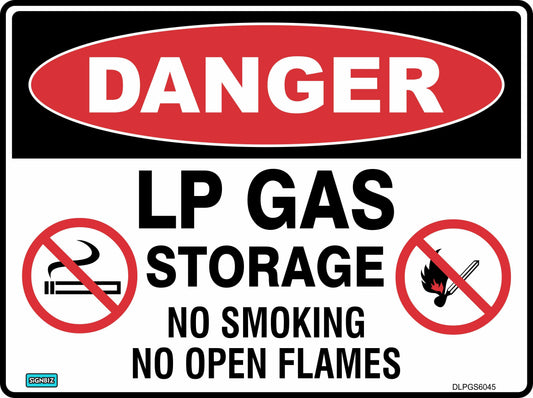 The Danger Lpg Stg No Smoking sign features "DANGER" in a red oval and reads "LP GAS STORAGE, NO SMOKING, NO OPEN FLAMES," with icons indicating no smoking or open flames allowed.