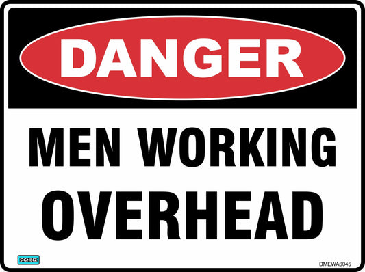 The Danger Men Working O/Head sign complies with AS/NZ 1319-1994, featuring a red "DANGER" oval and black "MEN WORKING OVERHEAD" text on white—ideal as a safety sign.