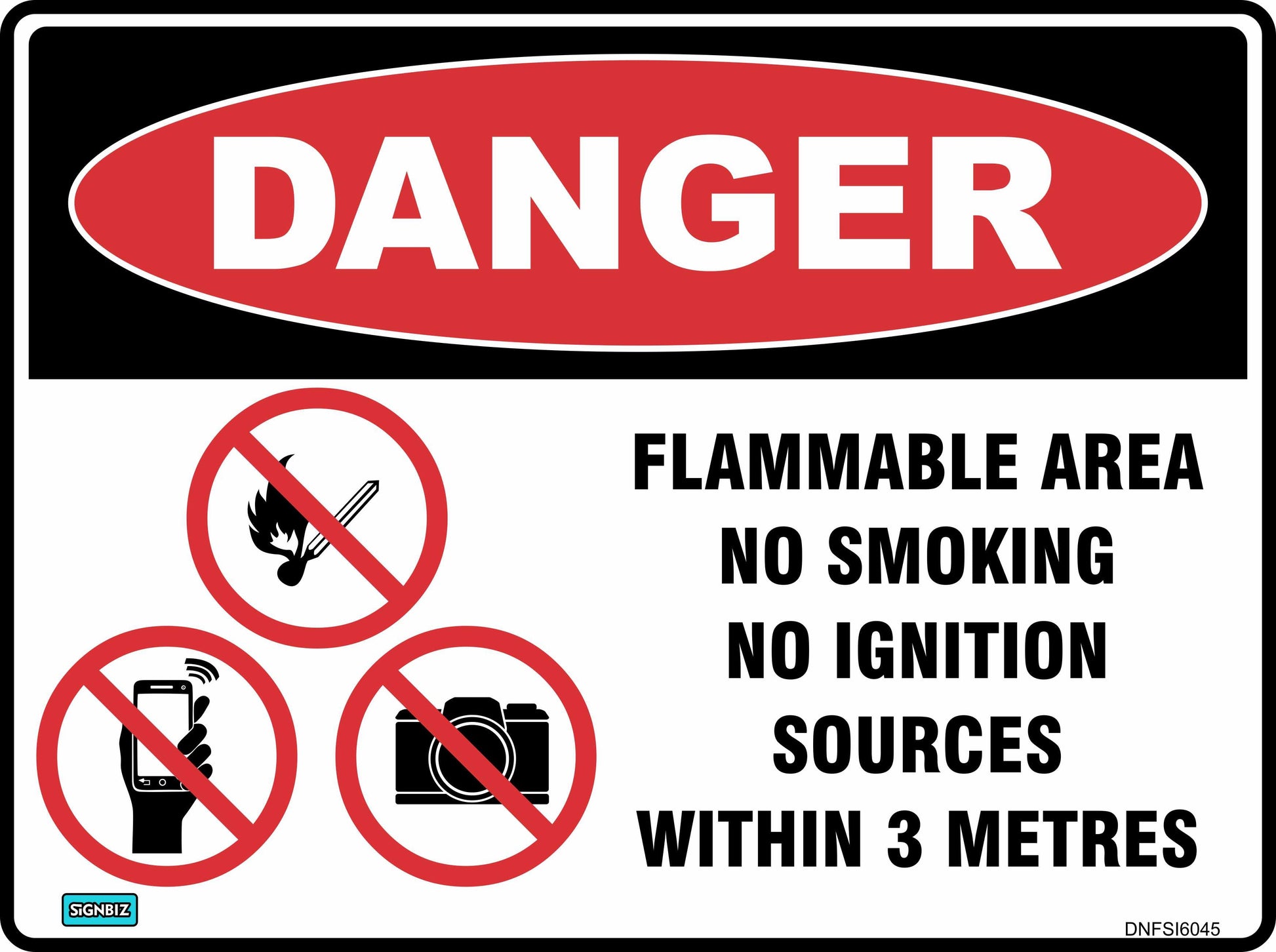 Danger Flammable Area Within 3M: No smoking, ignition sources, open flames, electronics, or cameras. Includes hazard warning icons. Refer to safety signs for your protection.