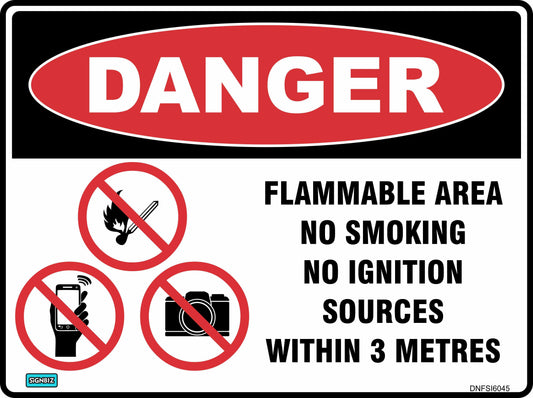 Danger Flammable Area Within 3M: No smoking, ignition sources, open flames, electronics, or cameras. Includes hazard warning icons. Refer to safety signs for your protection.