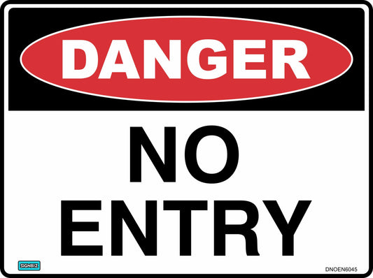 The "Danger No Entry Large Text" sign features a red oval labeled "DANGER" in white above bold black "NO ENTRY" text on a white background, and is used to restrict access to hazardous areas.