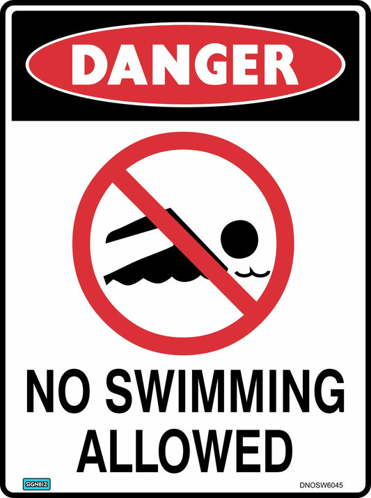 The Danger No Swimming Allowed sign features "DANGER" in red, a crossed-out swimming icon in red, and text below reading "NO SWIMMING ALLOWED.