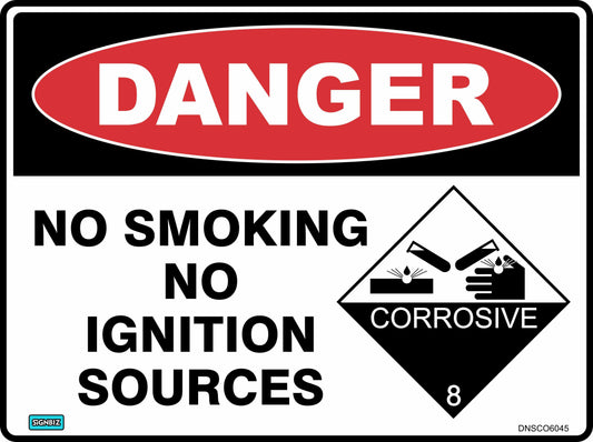 The Danger No Smoking Corro sign features a red DANGER header, the message “NO SMOKING NO IGNITION SOURCES,” and a category 8 corrosive symbol, meeting AS/NZ 1319-1994 workplace safety standards.