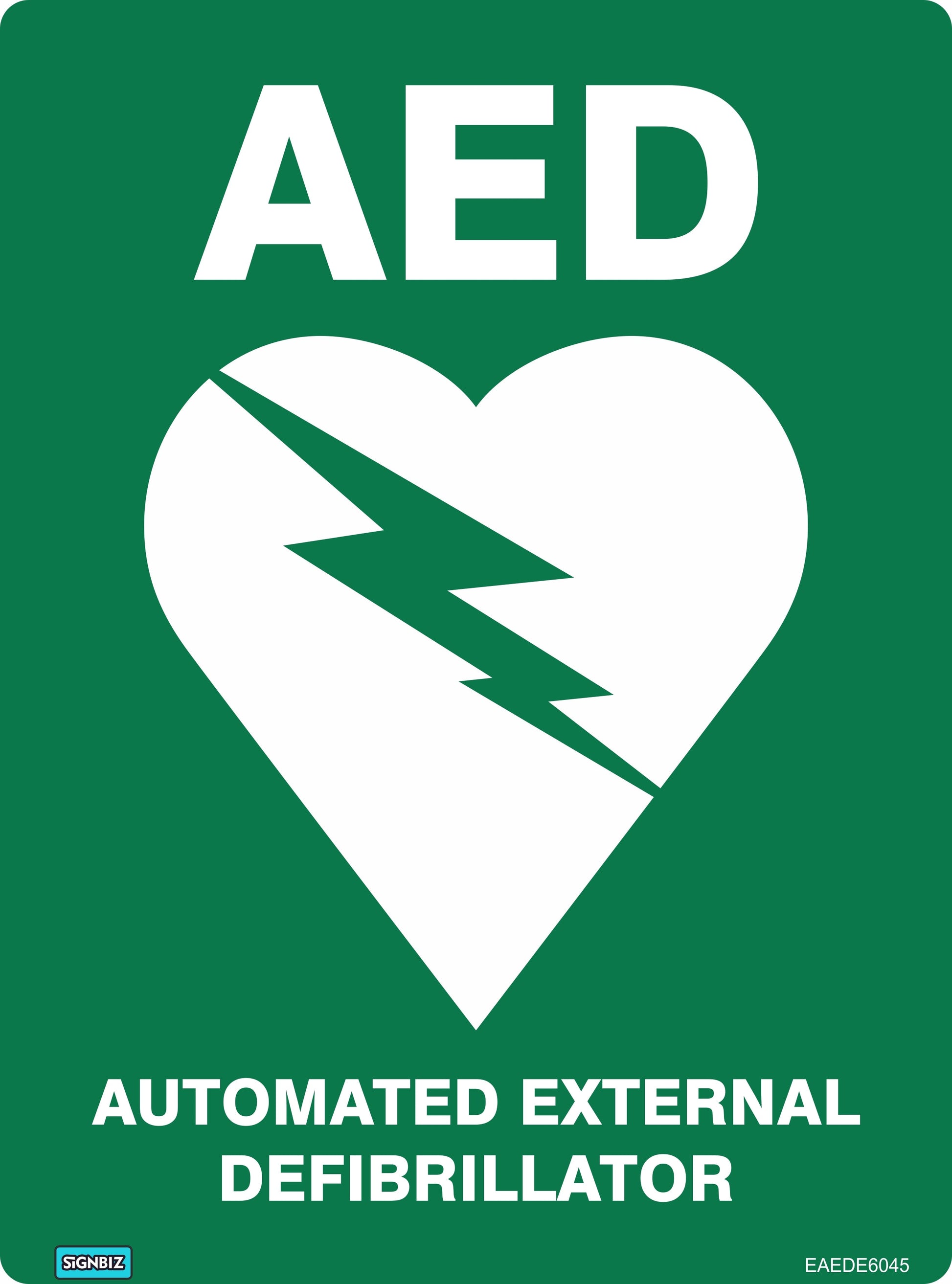 Green sign featuring a white heart and zigzag lightning bolt, labeled "AED" above and "Emergency Auto Defibrillator" below. This safety equipment sign meets AS/NZS 1319 compliance for emergency locations.