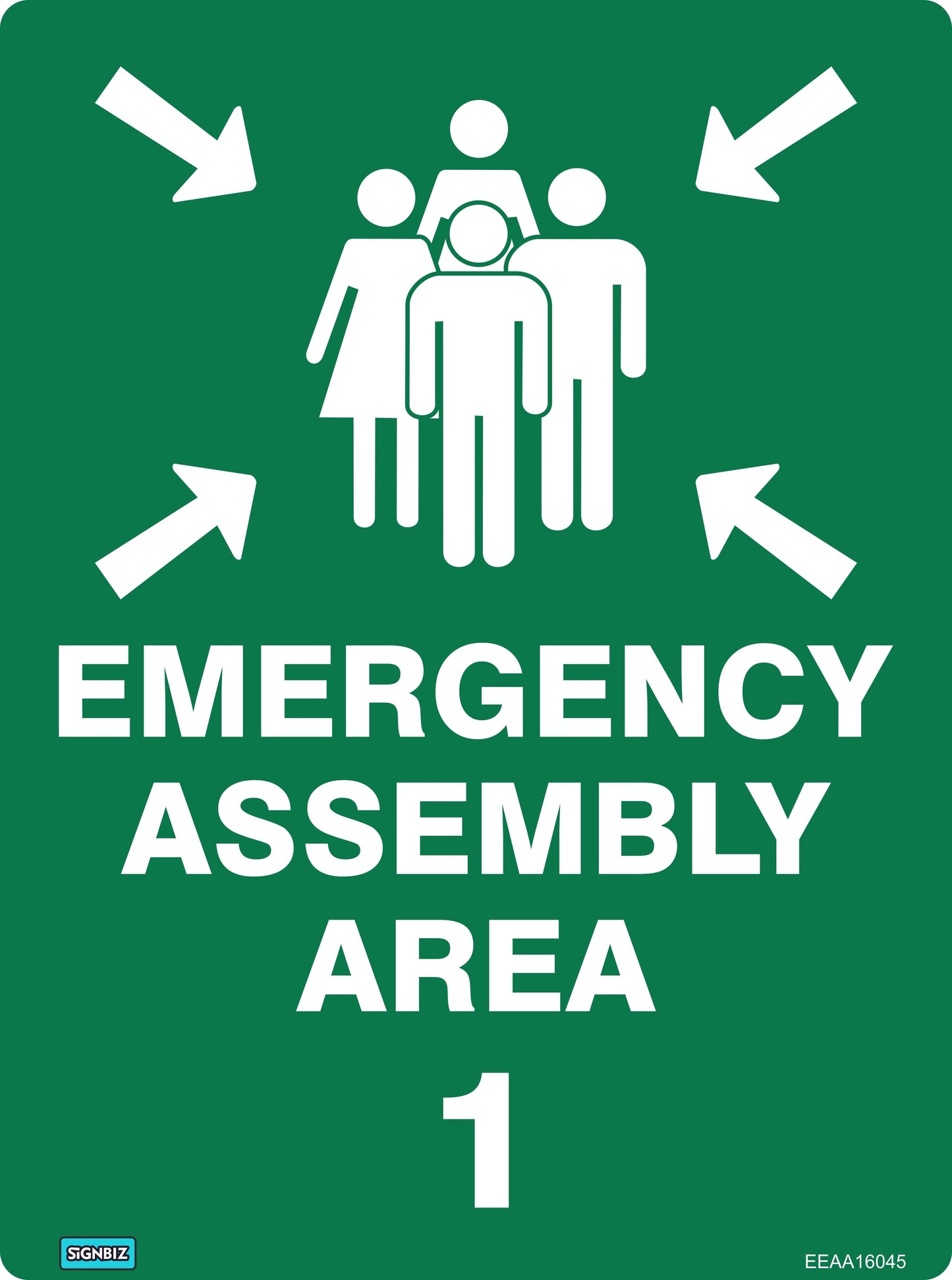 The Emergency Assembly Area 1 sign is green with white text stating "EMERGENCY ASSEMBLY AREA 1" and features an icon of four people surrounded by arrows, ideal for identifying designated assembly points in emergencies.