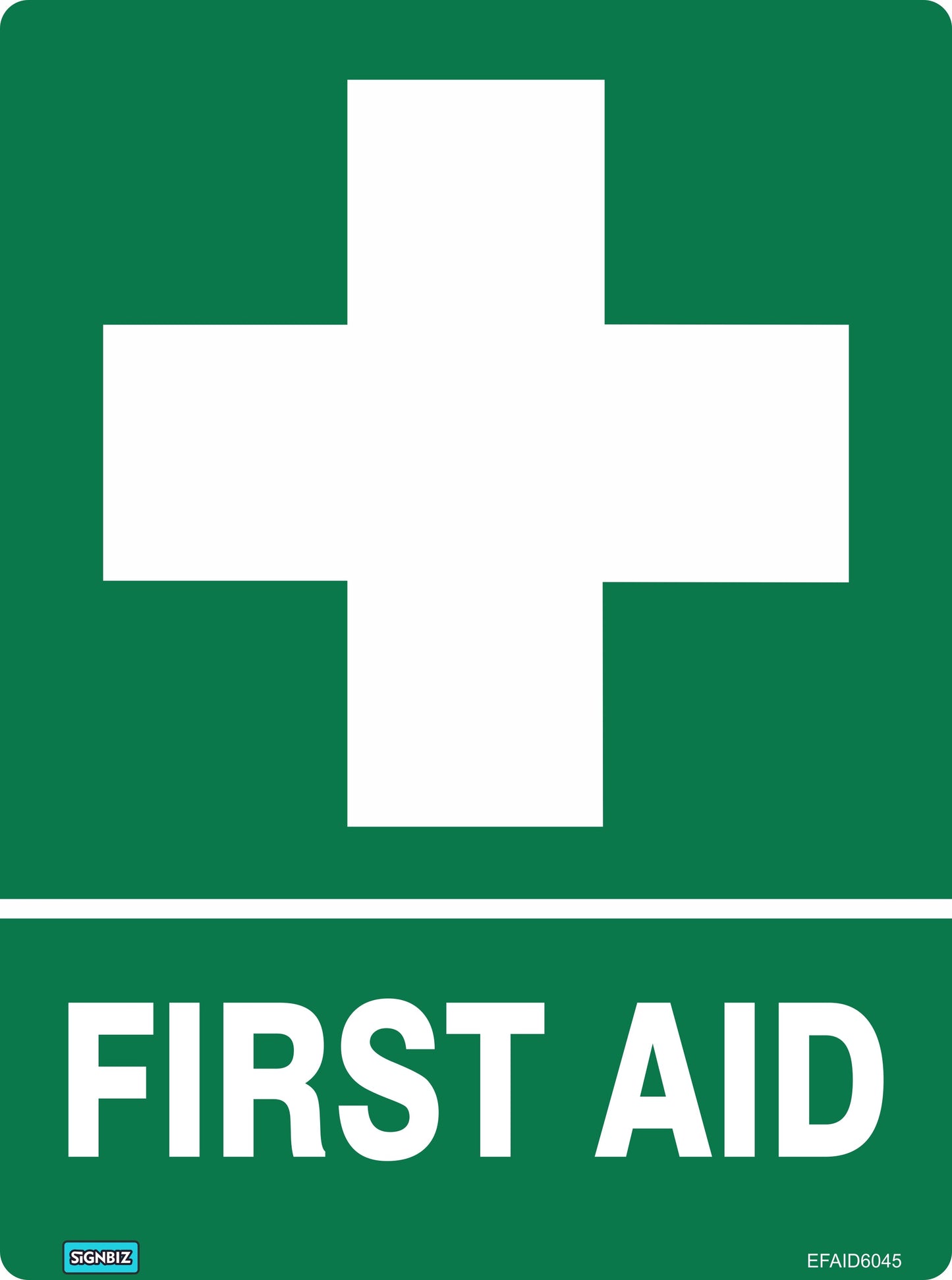 The Emergency First Aid sign is green with a large white cross above "FIRST AID" in bold white letters, meeting AS/NZS1319 standards to indicate the location of first aid supplies or safety equipment.