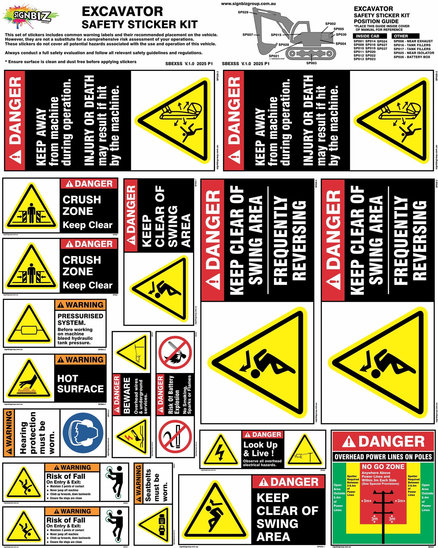 The Sticker Kit - Excavator (12t to 25t) includes a sheet of safety decals like “Crush Zone,” “Keep Clear,” “Hot Surface,” and “Frequently Reversing,” with clear symbols and text for improved site safety.
