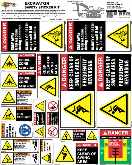The Sticker Kit - Excavator (12t to 25t) includes a sheet of safety decals like “Crush Zone,” “Keep Clear,” “Hot Surface,” and “Frequently Reversing,” with clear symbols and text for improved site safety.
