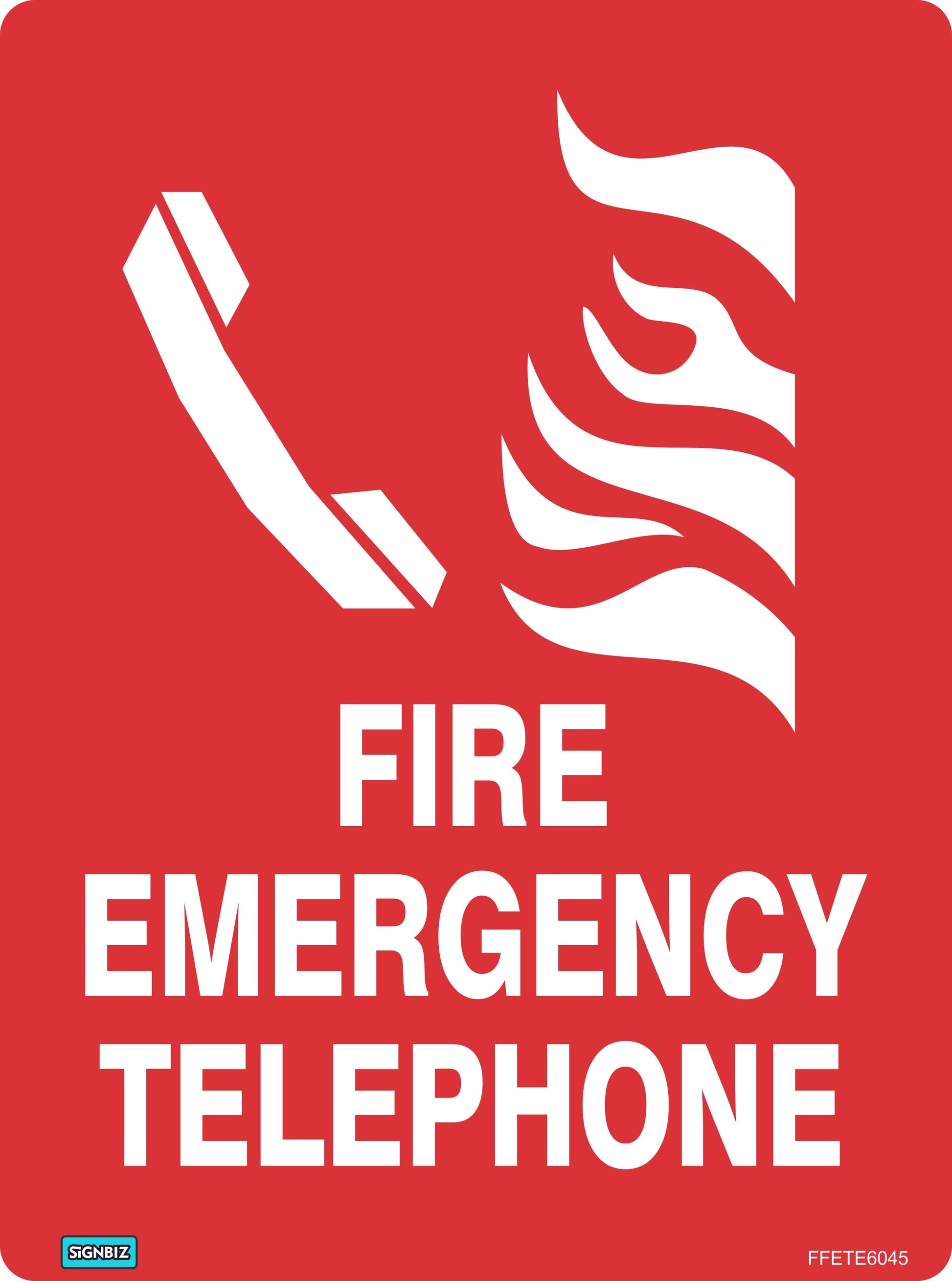 A red Fire Emergency Telephone sign featuring a white handset icon beside flames above "FIRE EMERGENCY TELEPHONE" in bold capitals; AS/NZS1319 compliant for fire alarms.