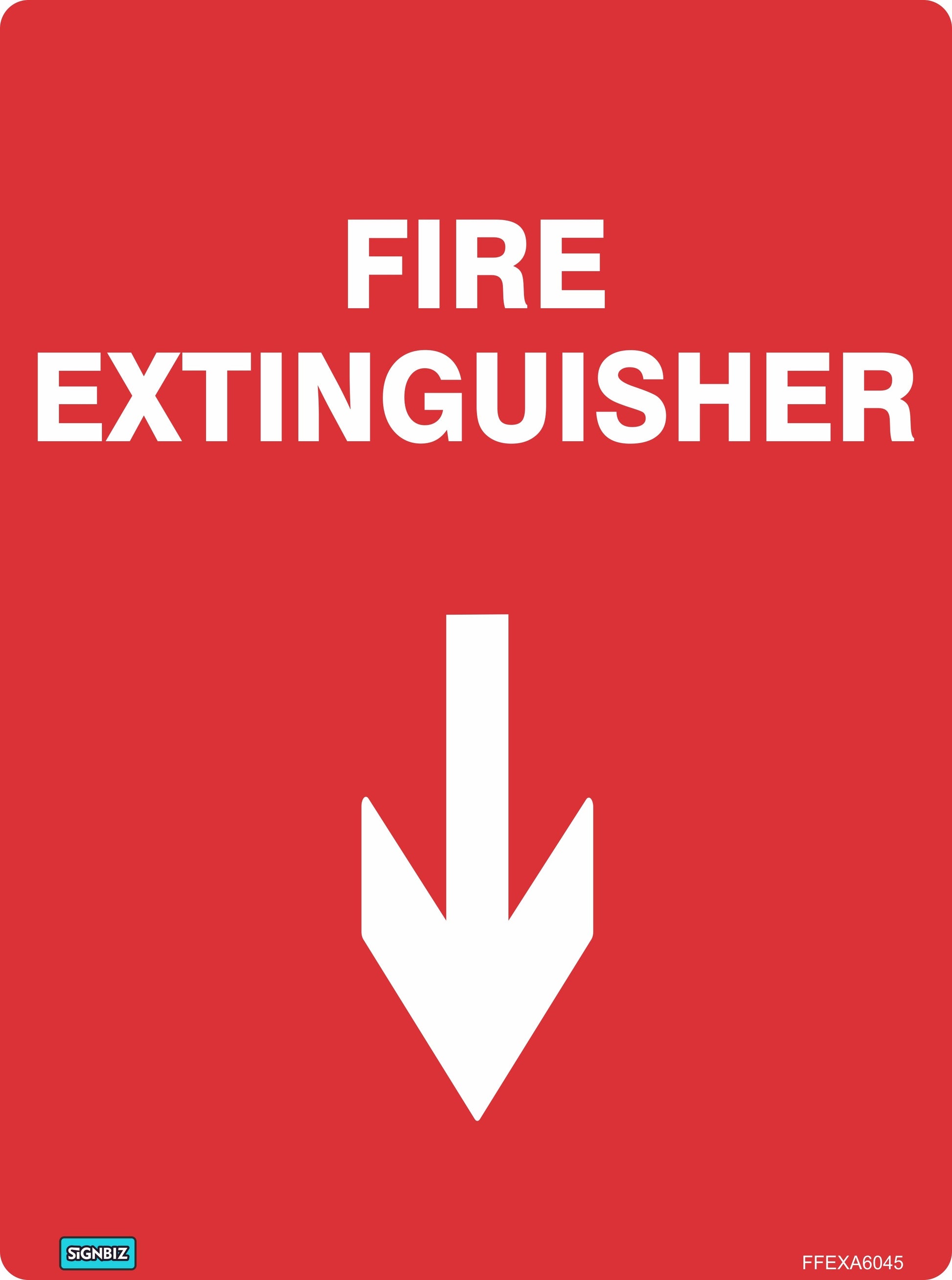 Fire Extinguisher With Arrow sign features bold white text and a large downward arrow on a red background, clearly indicating the extinguisher’s location. Complies with Australian Standards for workplace safety and fire signs.