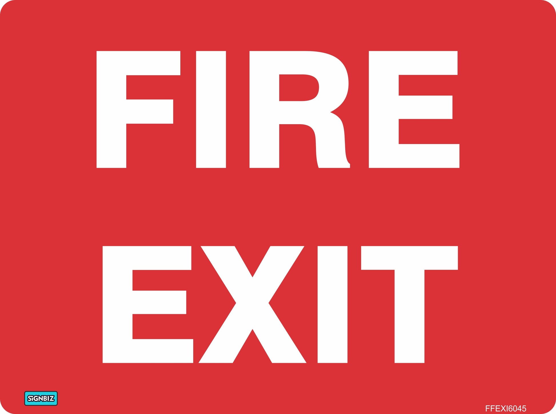 A red "Fire Exit" sign with large white capital letters, designed to AS/NZS1319 standards, features a small label in the bottom left corner.