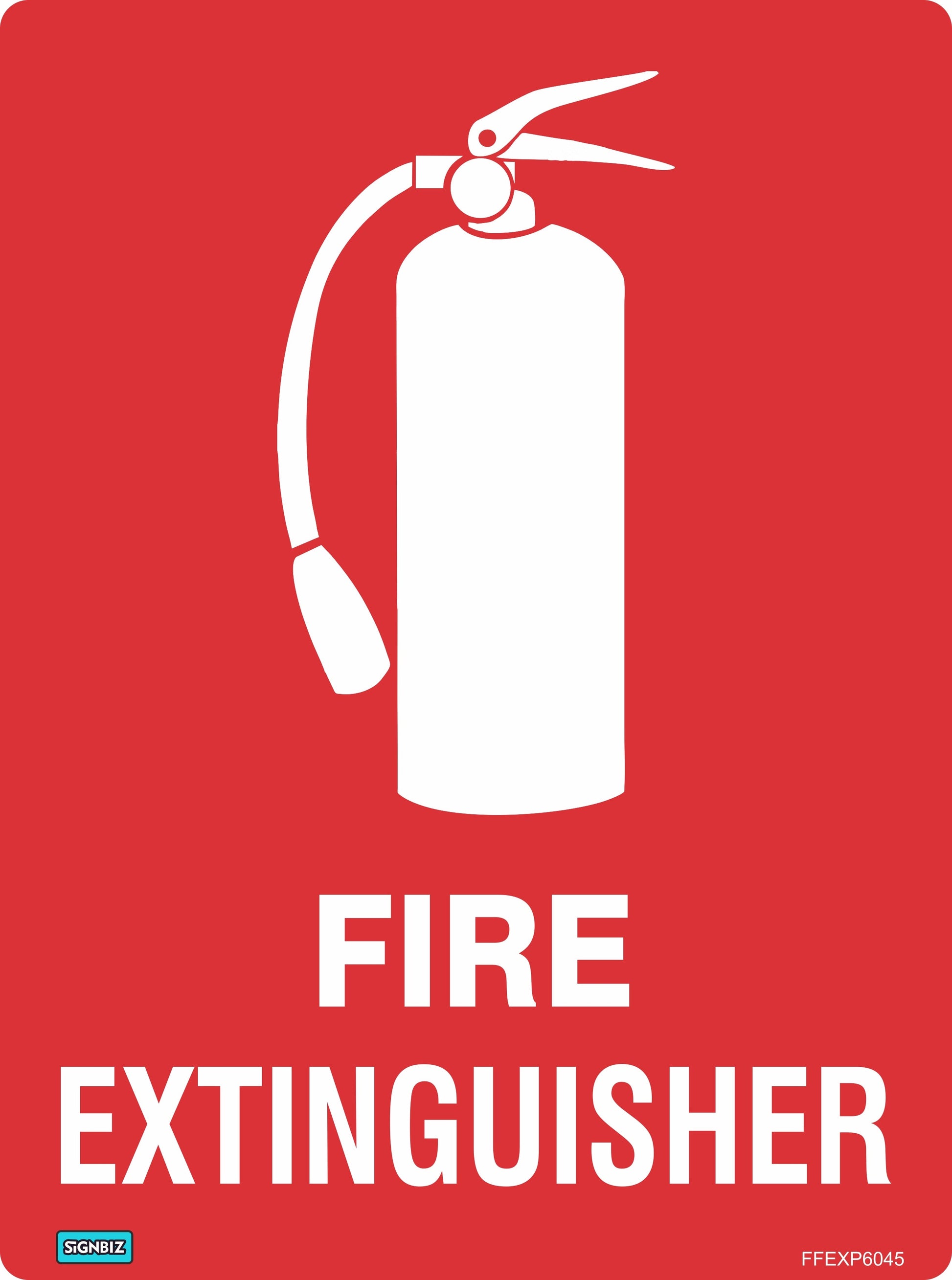 A red "Fire Extinguisher With Picture" sign featuring a white fire extinguisher icon and bold "FIRE EXTINGUISHER" text, compliant with Australian Standards for fire safety signage.
