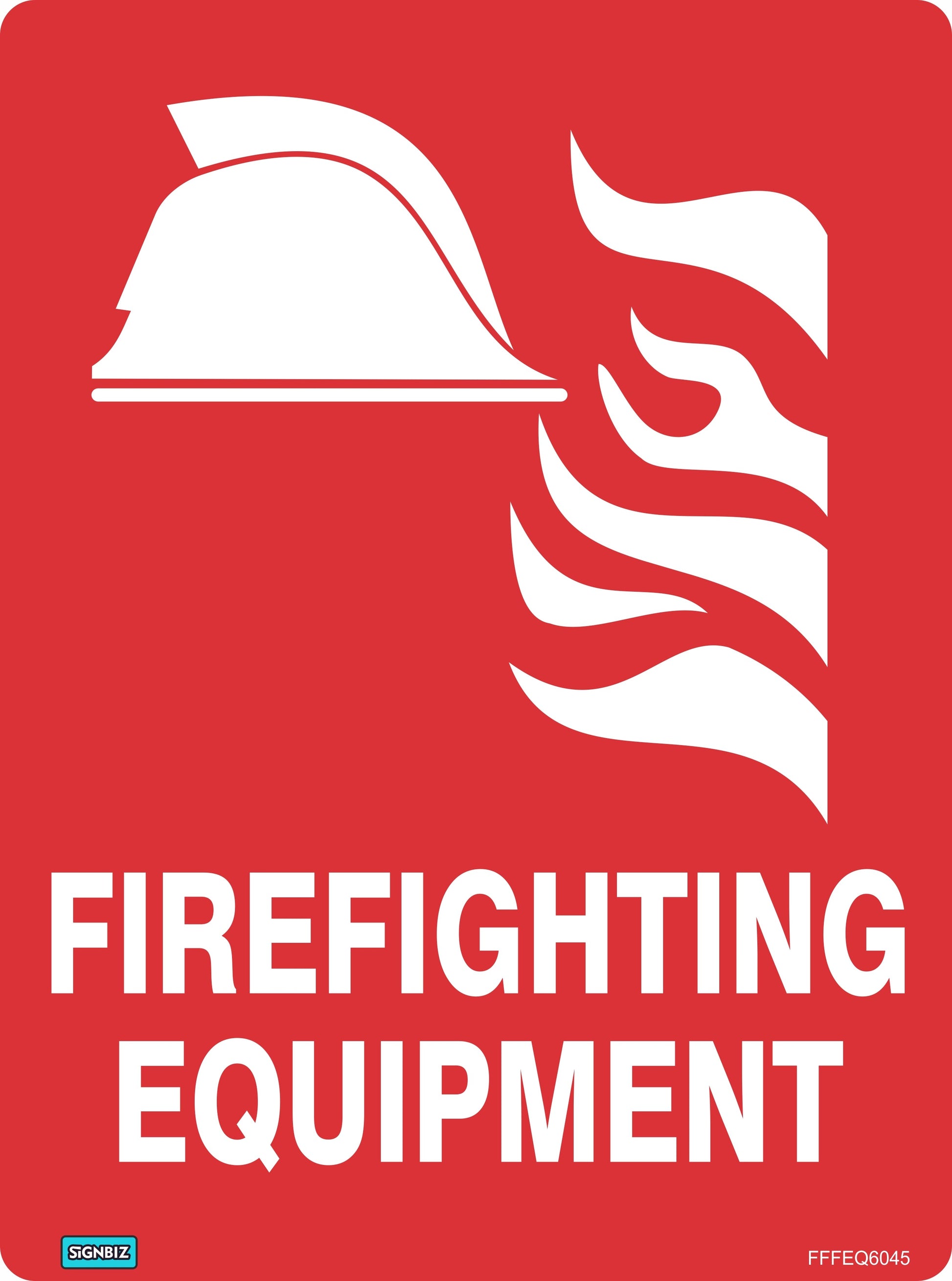 A red "Firefighting Equipment" sign with a white helmet, flames, and bold text, designed to meet AS/NZS1319 Australian fire safety standards.