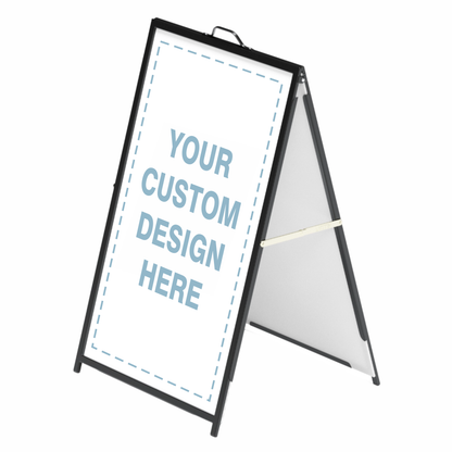 The 600x900 Corflute Insertable A-Frame comes with 2 blank 600x900 5mm corflute signs displaying "YOUR CUSTOM DESIGN HERE" in large blue letters with a dashed outline, ready for you to customize.