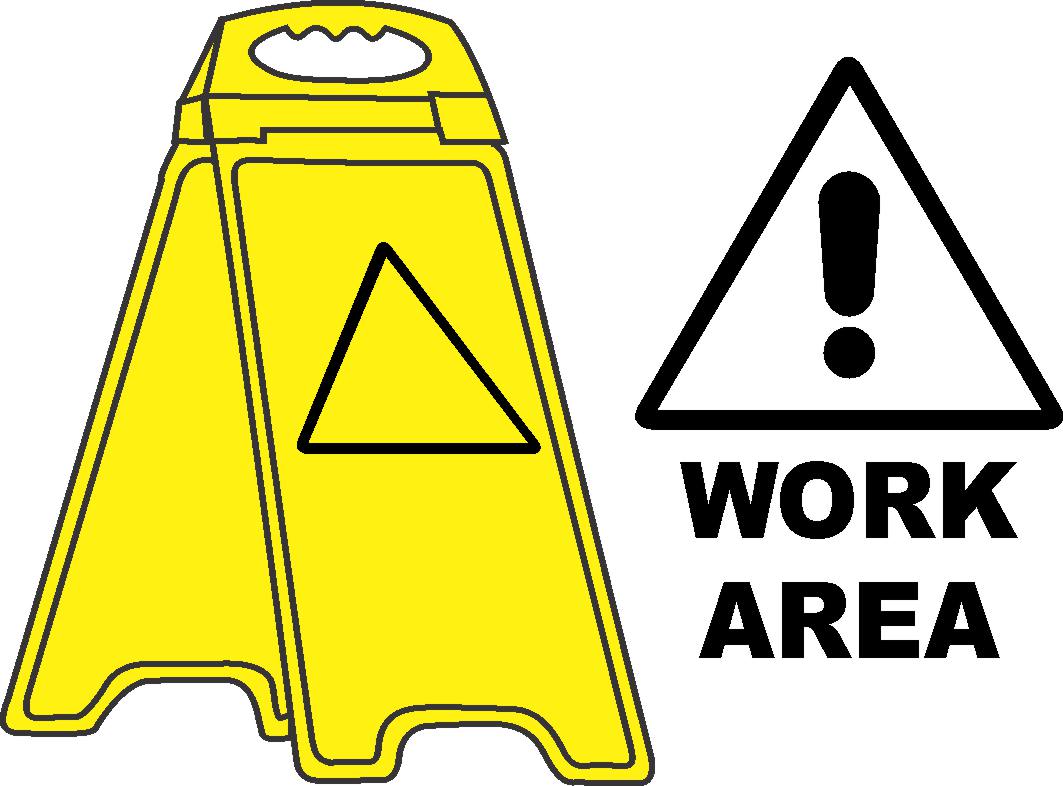 A YELLOW FLOOR STAND WORK AREA stands beside a black and white double-sided floor stand displaying an exclamation point and the text "WORK AREA.