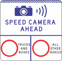 The G6-328-5n sign displays a camera icon with "Speed Camera Ahead," and two sections for "Trucks and Buses" and "All Other Vehicles," each showing an empty red circle for variable speed limit enforcement.