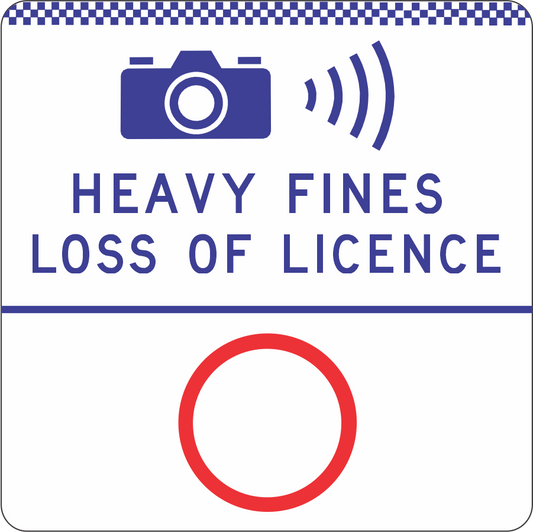 The G6-329-1n sign features a camera icon, sound waves, and "HEAVY FINES LOSS OF LICENCE" in bold blue capitals, plus a thick red circle below (for speed limit) and a blue checkered top border.