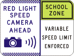 The G6-357n sign displays: "Red Light Speed Camera Ahead" with a camera icon, plus "School Zone. Variable Speed Limit Enforced" in green.