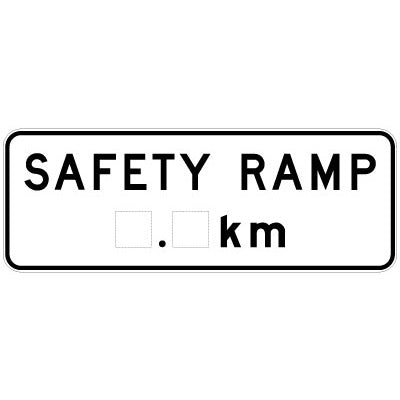 Rectangular G9-24-1 road sign with black text on a white background reads "Safety Ramp __km," featuring empty squares for distance in kilometers.