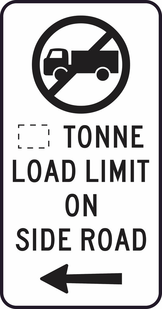 The G9-321n(L) sign shows a crossed-out truck symbol, "X Tonne Load Limit On Side Road," a left arrow, and a blank box for the tonne value (side road on left).
