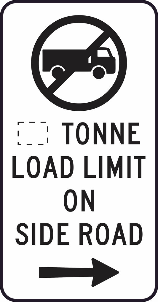 Black and white G9-321n(R) road sign with a truck inside a red prohibition circle, displaying "___ tonne load limit on side road" and a right arrow below to indicate the side road is on the right.