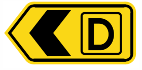A yellow G9-328n(L) Detour sign with a black left chevron and the letter "D" in a black-outlined box on the right.