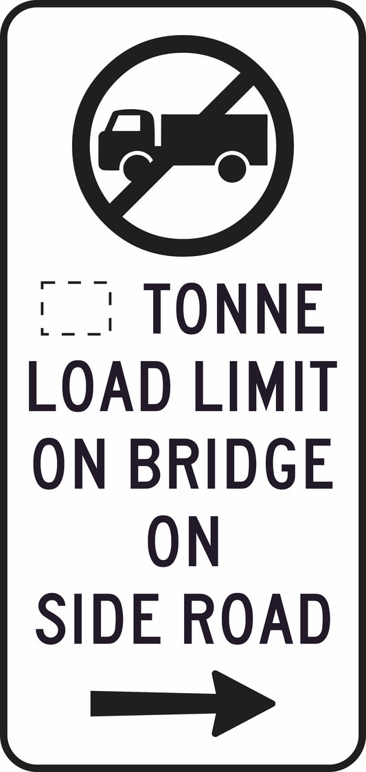 The G9-332n(R) sign shows a truck in a prohibition circle above “xx Tonne Load Limit On Bridge On Side Road” with a right arrow, indicating trucks are prohibited on the side road due to a weight limit.