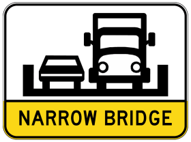 The G9-336n sign features a car and truck side by side on a narrow bridge, with "NARROW BRIDGE" in bold black letters on a yellow background at the bottom.