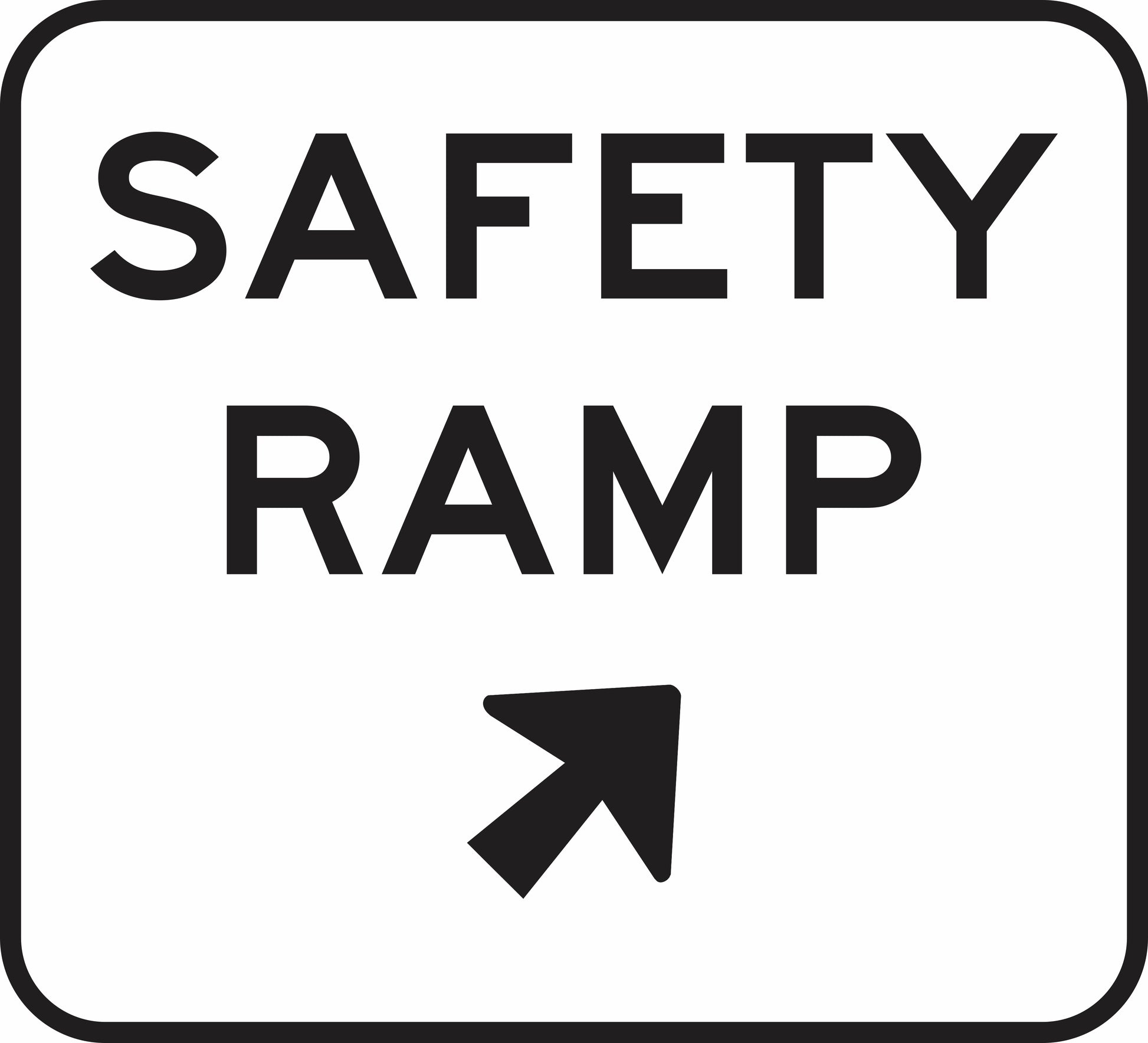 The G9-36-2(R) sign features "SAFETY RAMP" in bold black letters above a black upward-right angled arrow on a white background.