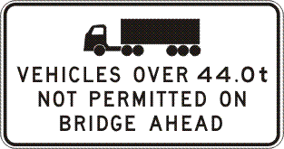 A G9-370n sign with a truck symbol displays: "Vehicles Over 44.0t Not Permitted On Bridge Ahead.